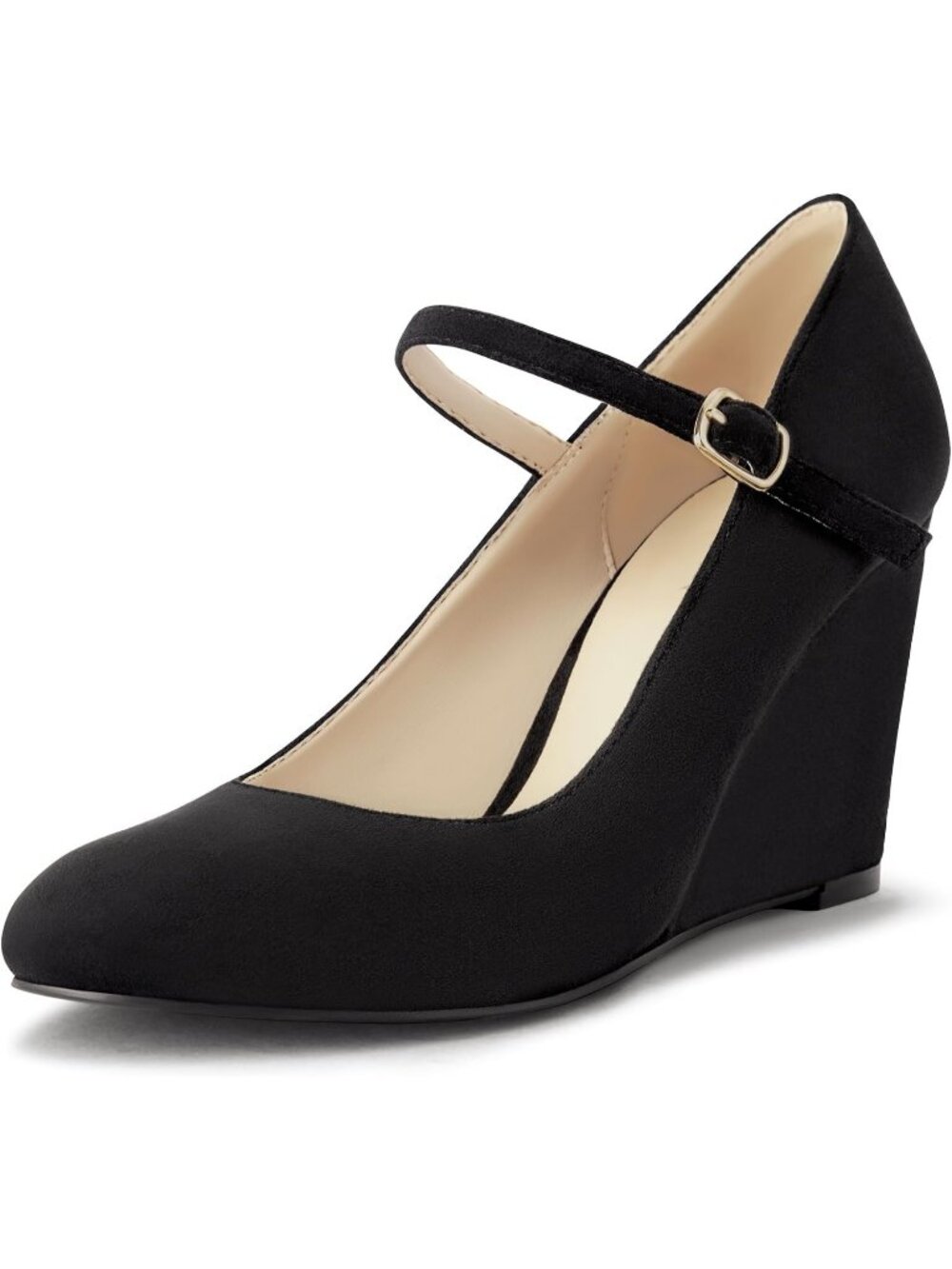 Women's Black Suede Wedge Pumps With Ankle Strap Closed Toe Dressy Heels Shoes
